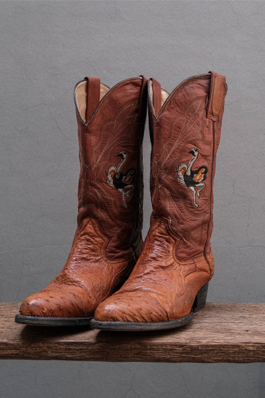 Colorado Boots Cognac Ostrich Leather Ostrich-Embroidered Western Boots 復古鴕鳥皮手繪感駝鳥刺繡雕花西部牛仔靴