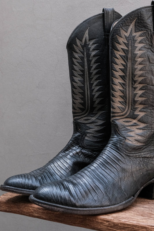 Cowtown Boots USA Made Black Lizard Skin Embroidered Western Cowboy Boots 復古黑蜥蜴皮手工多排刺繡西部牛仔靴 美國製