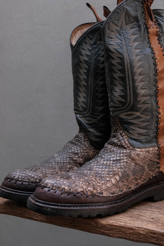 Salvatore Ferragamo Python Leather Whipstitch Embroidered Western Lug Boots 菲拉格慕 蟒蛇皮手工編繩刺繡鋸齒厚底西部牛仔長靴
