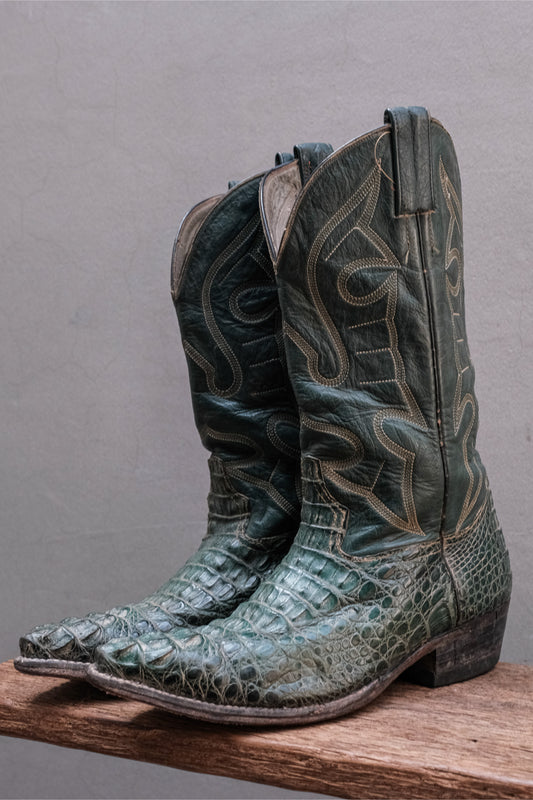 Vintage Emerald Green Alligator Leather Embroidered Western Cowboy Boots 松石墨綠鱷魚皮手工雕花刺繡西部牛仔靴