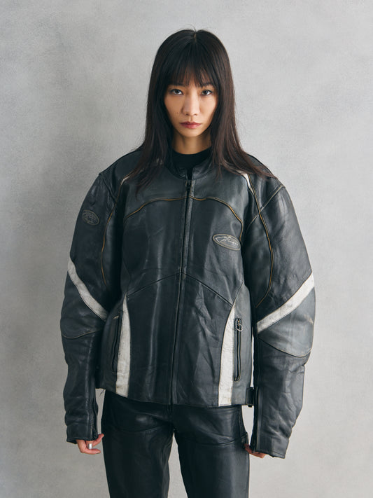 FORCE ONE Black & White Panel Leather Biker Jacket黑白拼接賽車皮衣