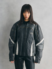FORCE ONE Black & White Panel Leather Biker Jacket黑白拼接賽車皮衣