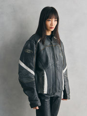 FORCE ONE Black & White Panel Leather Biker Jacket黑白拼接賽車皮衣