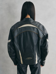 FORCE ONE Black & White Panel Leather Biker Jacket黑白拼接賽車皮衣