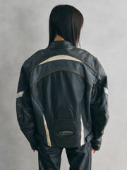 FORCE ONE Black & White Panel Leather Biker Jacket黑白拼接賽車皮衣