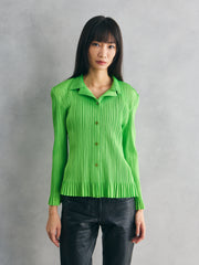 Vintage Pleated Button-Up Long Sleeve Shirt - Bright Green 古著 螢光綠縐褶長袖襯衫