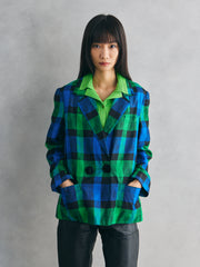 Textured Blue-Green Check Cropped Blazer 復古藍綠格紋 立體織紋西裝外套