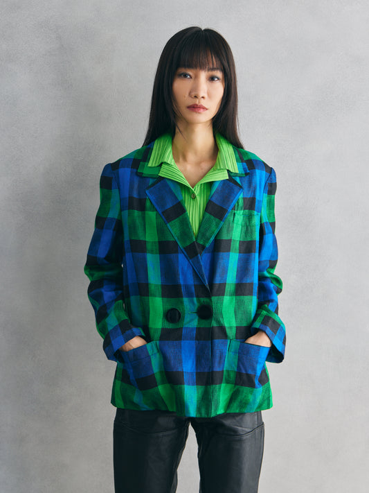 Textured Blue-Green Check Cropped Blazer 復古藍綠格紋 立體織紋西裝外套
