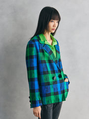 Textured Blue-Green Check Cropped Blazer 復古藍綠格紋 立體織紋西裝外套