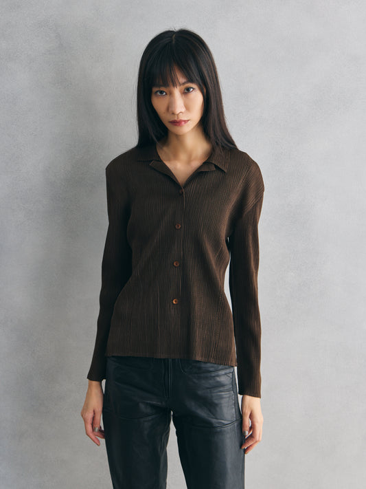 K.CHING Pleated Brown Long Sleeve Shirt 歐洲古著縐褶棕色長袖襯衫