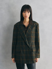 Vintage Wool Check Double-Breasted Blazer- Olive Green 復古羊毛格紋雙排扣西裝外套