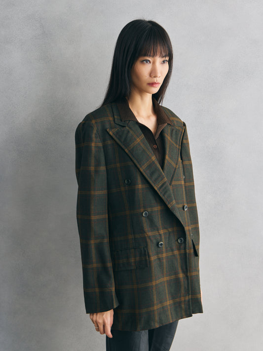 Vintage Wool Check Double-Breasted Blazer- Olive Green 復古羊毛格紋雙排扣西裝外套