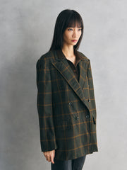 Vintage Wool Check Double-Breasted Blazer- Olive Green 復古羊毛格紋雙排扣西裝外套