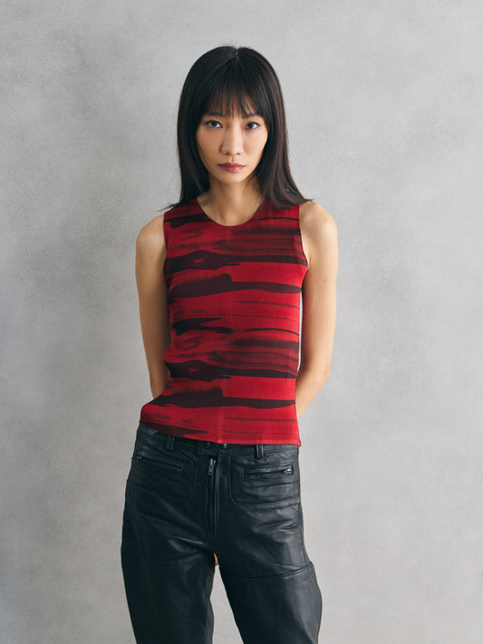 Red Black Print Pleated Sleeveless Top 紅黑印花縐褶背心上衣