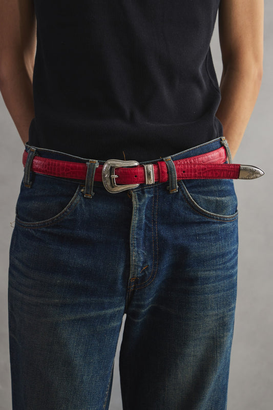 Western Buckle Red Croc Pattern Leather Belt 西部風格紅色鱷魚紋皮帶 全新品