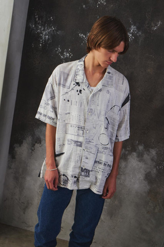 Porter Classic MONSIEUR KURATA COTTON LINEN SHORT SLEEVE SHIRT棉麻新聞印花開襟短袖襯衫