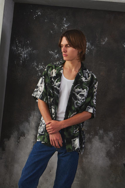 WACKO MARIA x 56 TATTOO STUDIO ALOHA SHIRT 日本街頭品牌聯名56刺青工房 鬼頭骷髏印花人造絲短袖襯衫