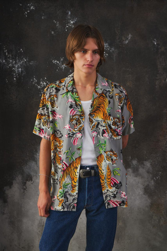 WACKO MARIA TIM LEHI TIGER ALOHA SHIRT 日本街頭品牌 滿版老虎印花人造絲短袖襯衫