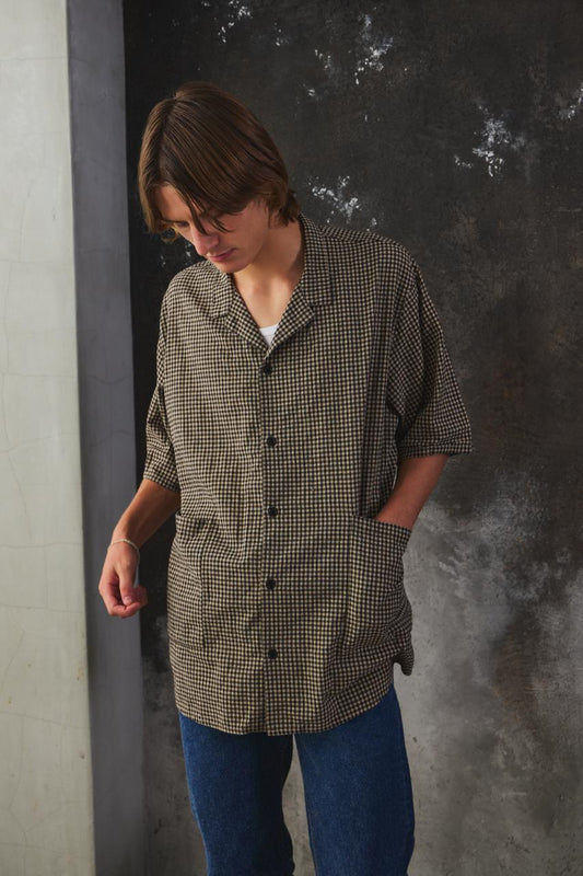 CONFECT Cotton Linen Gingham Check Open Collar Shirt 日本設計師品牌 棉麻格紋開襟襯衫