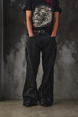 Vintage Remake "Double Zip" Flare Denim Pants - Fade Black改製 雙面拉鍊可調式 擴展靴型褲 喇叭褲 水洗黑
