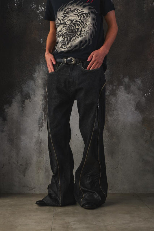 Vintage Remake "Double Zip" Flare Denim Pants - Fade Black改製 雙面拉鍊可調式 擴展靴型褲 喇叭褲 水洗黑