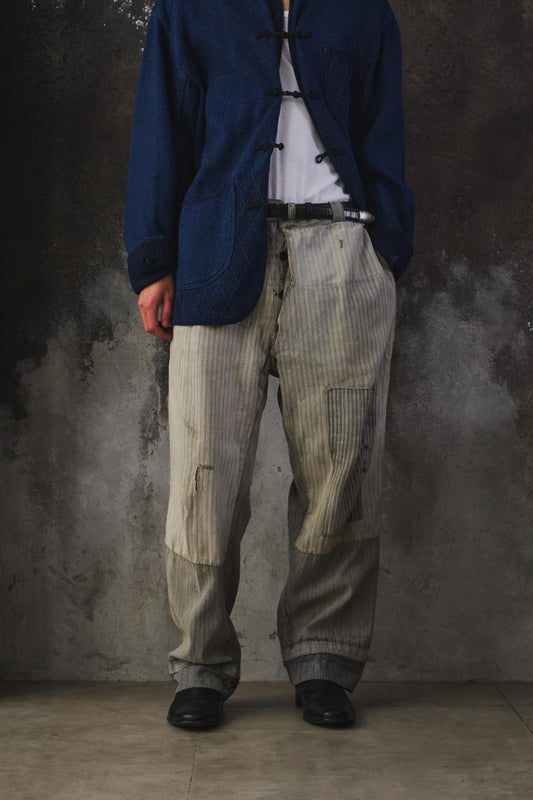1940-50s Vintage French Pinstripe Patched Workwear Trousers Le Grand Condé Tag Distressed Archival Style 法國古著條紋補丁工裝長褲