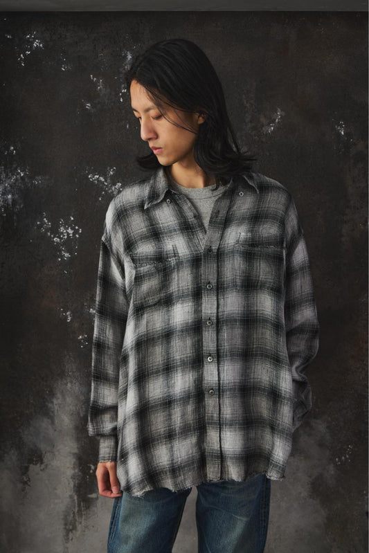 Name. Ombre Plaid Shirt Frayed Hem Distressed Linen Checked Shirt 日本設計師品牌 自然鬚邊亞麻隱格紋襯衫
