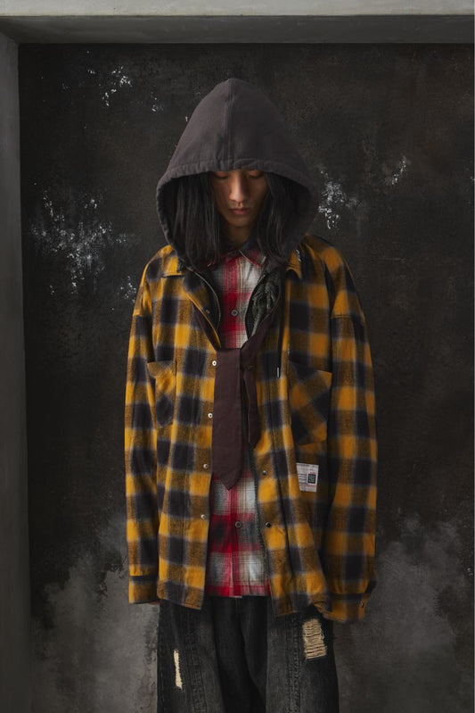 Maison MIHARA YASUHIRO Double Layered Check Shirt "Yellow" 日本設計師品牌 雙層疊搭連帽格紋襯衫黃色