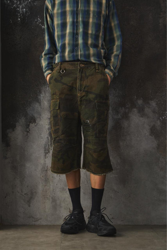 SONGZIO ONZ Camo Ripstop Cargo Distressed Shorts 韓國設計師品牌 迷彩防撕裂工裝短褲