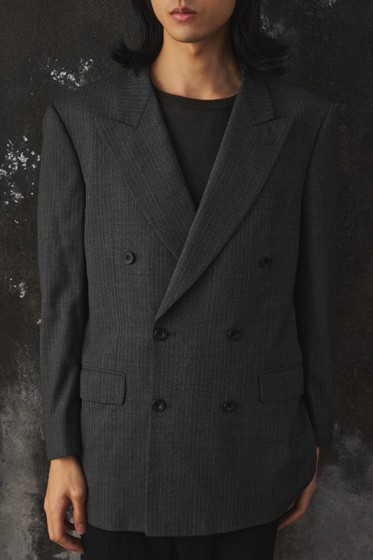 Grey Striped Double-Breasted Peak-Lapel Blazer / Suit Jacket 灰色條紋雙排扣劍領西裝外套