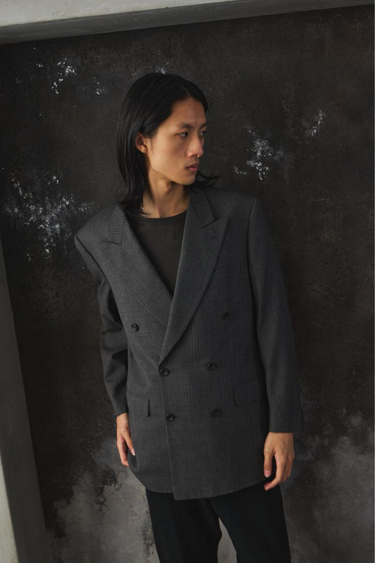 Grey Striped Double-Breasted Peak-Lapel Blazer / Suit Jacket 灰色條紋雙排扣劍領西裝外套