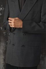 Grey Striped Double-Breasted Peak-Lapel Blazer / Suit Jacket 灰色條紋雙排扣劍領西裝外套
