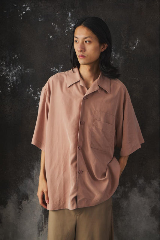 i'm here UNFORM OPEN COLLAR SHIRTS 日本設計師品牌 淺卡其光澤感寬鬆復古開襟衫