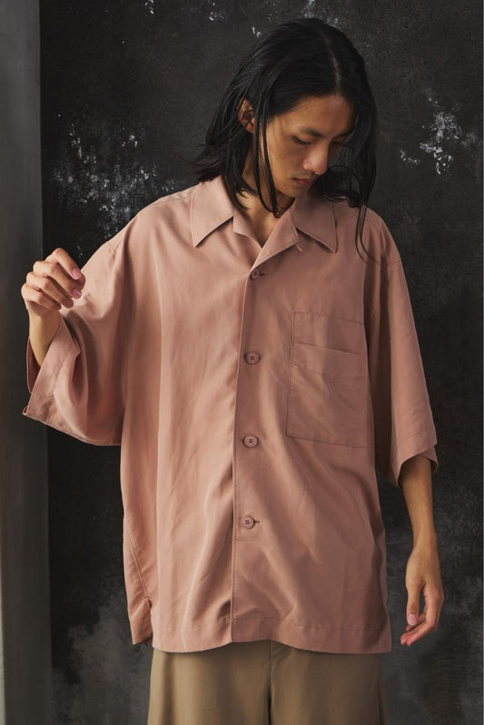 i'm here UNFORM OPEN COLLAR SHIRTS 日本設計師品牌 淺卡其光澤感寬鬆復古開襟衫