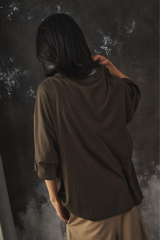 My Beautiful Landlet MERCERIZATION JERSEY TUCK NECK BIG T-SHIRT 日本設計師品牌 綠色棉質落肩寬鬆短T