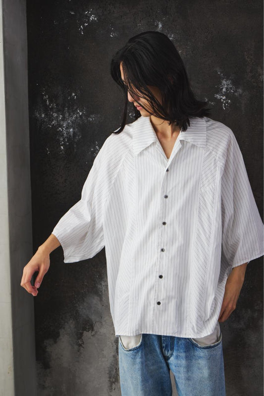 My Beautiful Landlet POPLIN STRIPED SLEEVE SHIRT -White日本設計師品牌 府綢條紋寬幅短袖襯衫