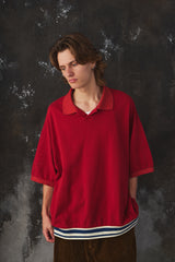 Name. Indian Cotton Kanoko Big Polo Shirt Red 日本時尚品牌 紅色棉質鹿子織開襟短袖 藍白條紋下擺