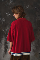 Name. Indian Cotton Kanoko Big Polo Shirt Red 日本時尚品牌 紅色棉質鹿子織開襟短袖 藍白條紋下擺