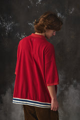 Name. Indian Cotton Kanoko Big Polo Shirt Red 日本時尚品牌 紅色棉質鹿子織開襟短袖 藍白條紋下擺