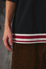 Name Indian Cotton Kanoko Big Polo Shirt Black 日本時尚品牌 黑色棉質鹿子織開襟短袖 紅白條紋下擺