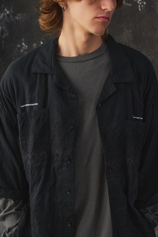 TIGHTBOOTH PRODUCTION DIAMOND ROLL-UP SHIRT 日本滑板品牌 黑色棉質菱格紋刺繡捲袖襯衫