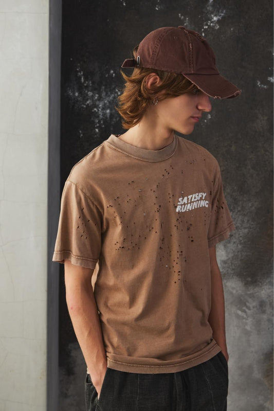 Satisfy MothTech™ Distressed Cotton-Jersey T-Shirt 法國運動品牌 棕色仿舊破壞透氣短T