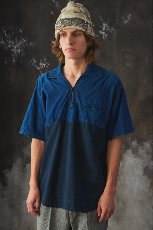 Umii 908 Indigo Two-Tone Pullover Shirt 45R支線 雙色拼接藍染半開襟套頭短袖襯衫