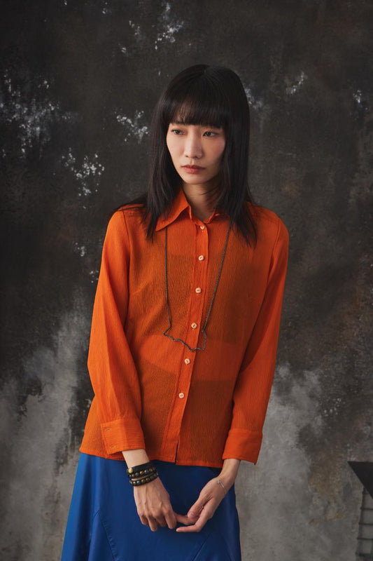 Vintage 70s Long Sharp Collar Crinkled Chiffon Shirt 日本古著亮橘色透膚襯衫