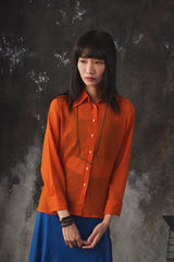 Vintage 70s Long Sharp Collar Crinkled Chiffon Shirt 日本古著亮橘色透膚襯衫