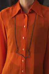 Vintage 70s Long Sharp Collar Crinkled Chiffon Shirt 日本古著亮橘色透膚襯衫