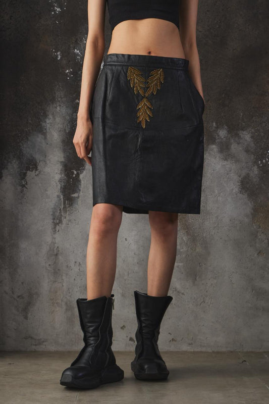 Vintage Embroidered Leather Midi Skirt 手工刺繡拼接皮裙
