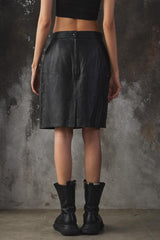 Vintage Embroidered Leather Midi Skirt 手工刺繡拼接皮裙