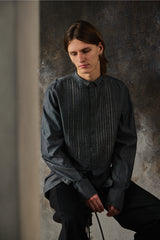 DIESEL S-YORK Pleated Tuxedo Shirt 灰色棉質風琴壓褶立領長袖襯衫
