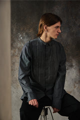 DIESEL S-YORK Pleated Tuxedo Shirt 灰色棉質風琴壓褶立領長袖襯衫